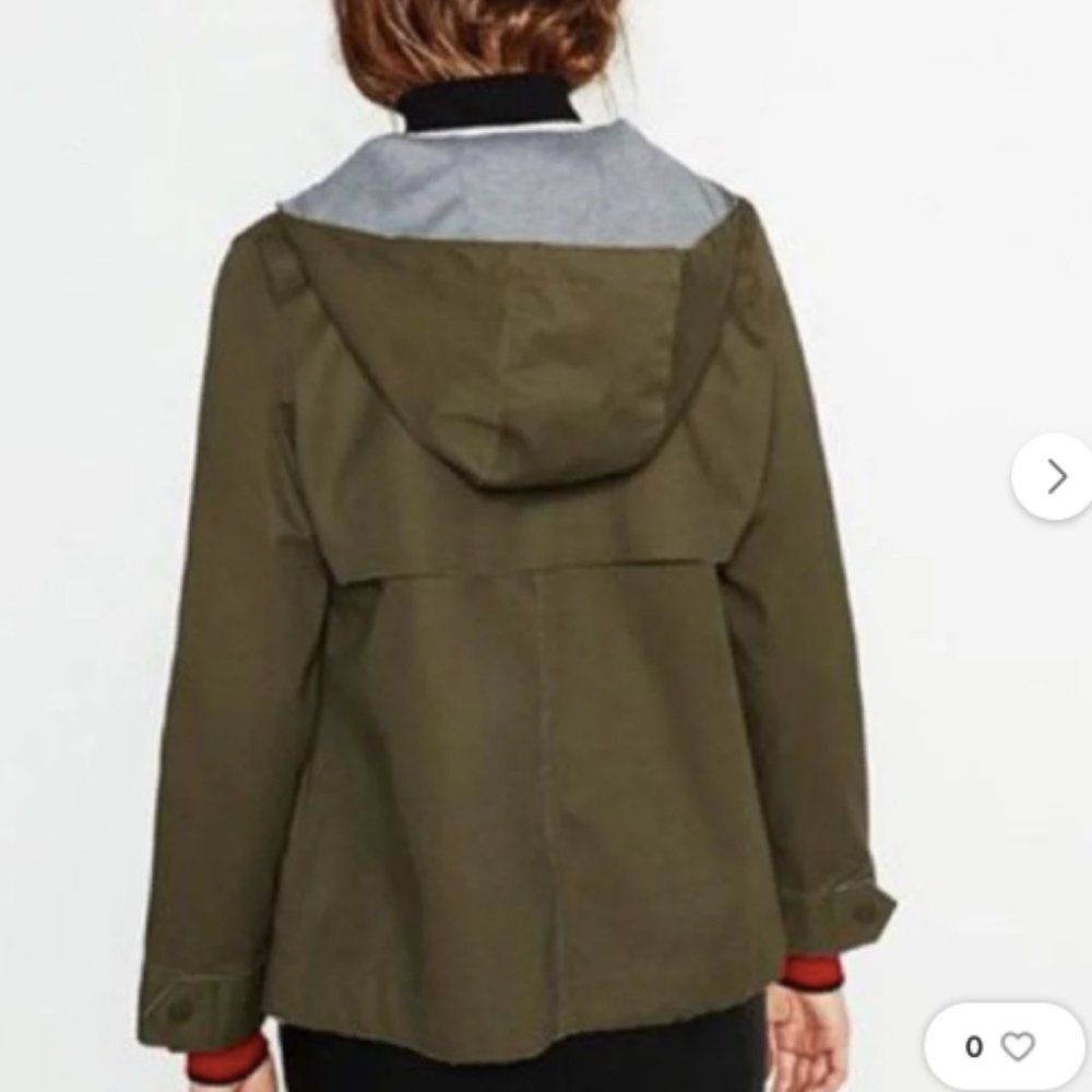 Zara Olive Green Hooded Jacket Denim Zip Utility Boxy Small - Picture 4 of 16